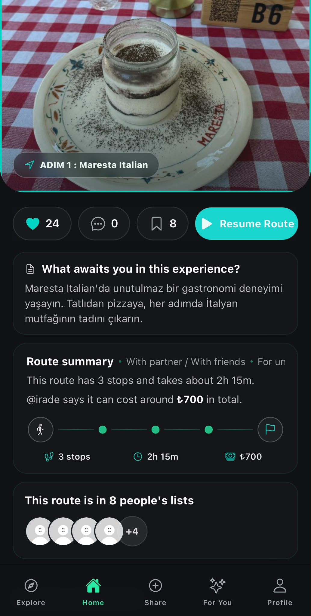 Route detail screen showing multiple stops of a shared experience